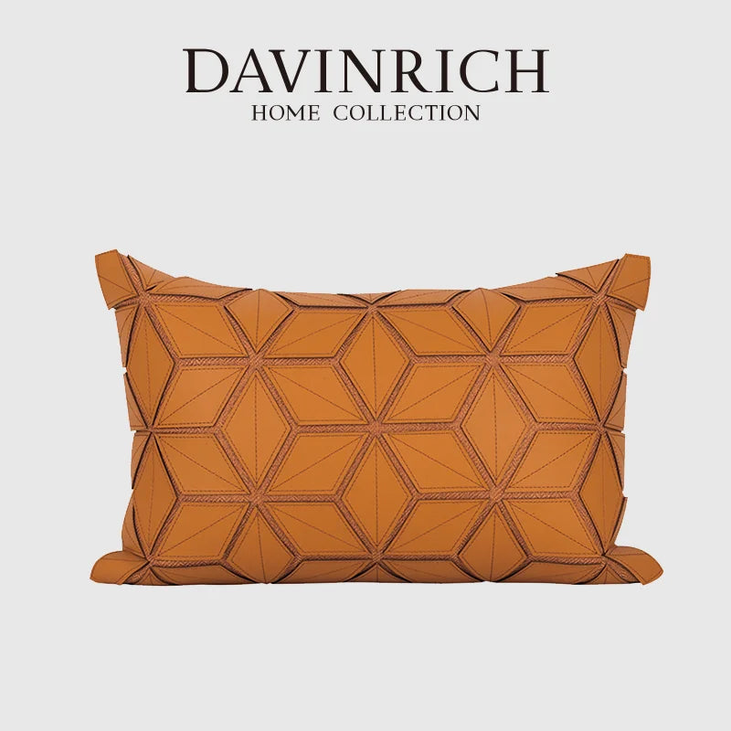 DecorBites™ Dark Orange Geometric Petals Leather Patched Lumbar Pillow Cover Luxury Case