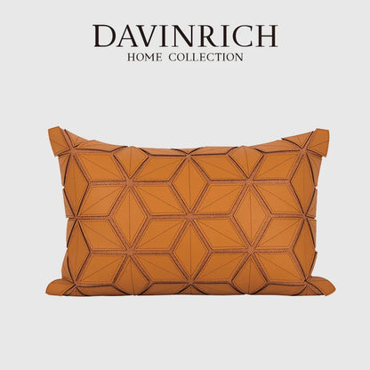 DecorBites™ Dark Orange Geometric Petals Leather Patched Lumbar Pillow Cover Luxury Case