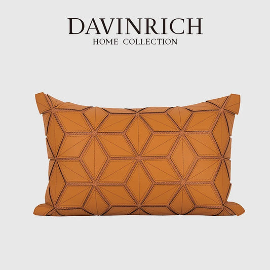 DecorBites™ Dark Orange Geometric Petals Leather Patched Lumbar Pillow Cover Luxury Case