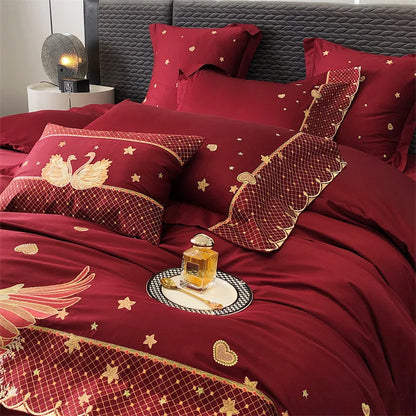 DecorBites™ Gold Swan Love Wedding Bedding Set, Egyptian Cotton, 1000TC, 4 or 6Pcs