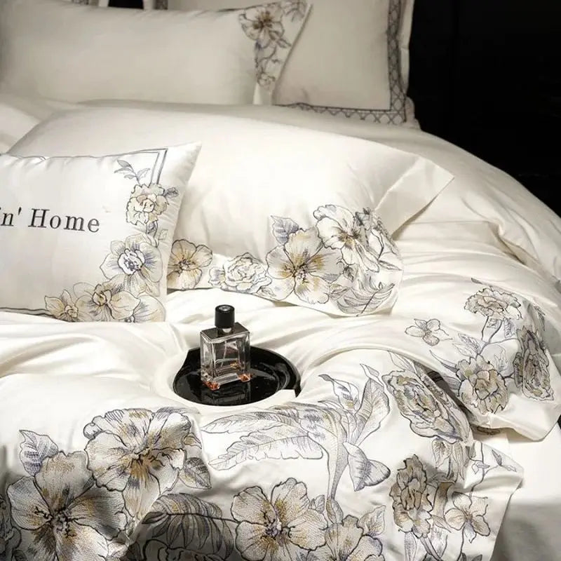 Decobites Luxe Embroidered Cotton Bedding Set: Duvet Cover, Pillowcases, Flat Sheet