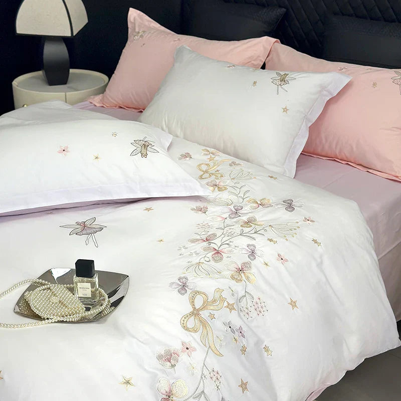 Decobites Princess Flower Bow Angel Embroidery Bedding Set