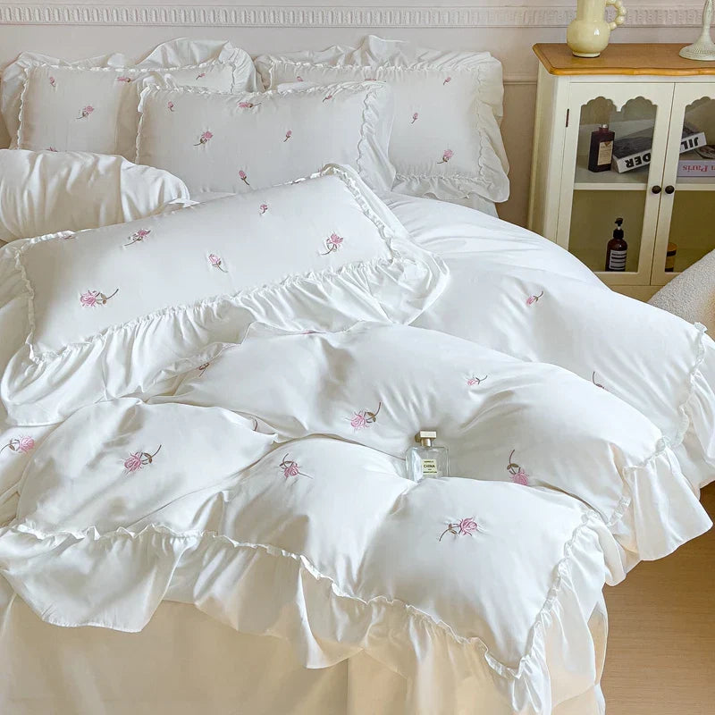 Decobites Korean Princess Rose Flowers Lace Ruffles Bedding Set - Soft Cotton Duvet Cover