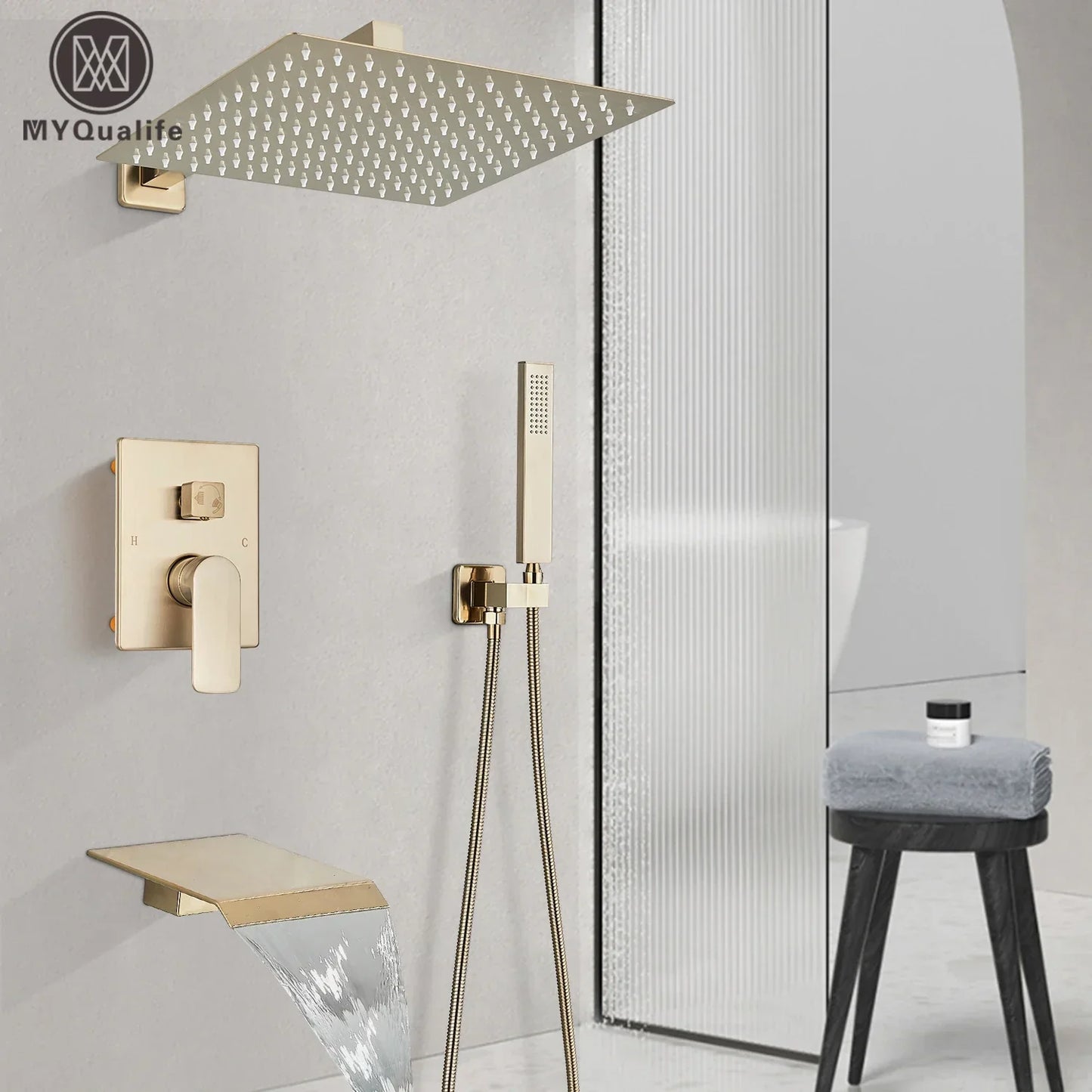 DecorBites™ Brushed Gold Shower Faucet Set 2/3 Way Rainfall Bathtub Mixer Wall Mounted Box