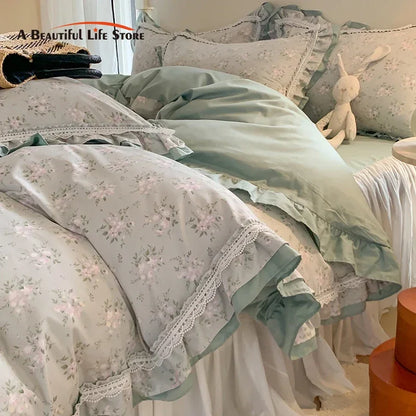 DecorBites™ Lace Ruffles Cotton Floral Duvet Set with Pillowcase, Princess Bedding