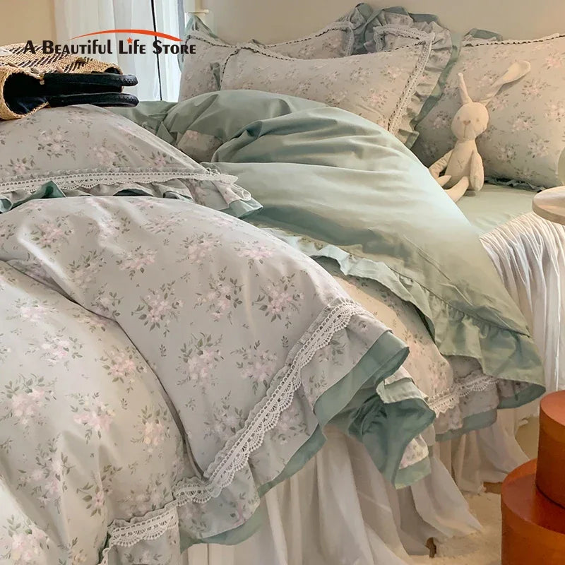 Juego de Edredón de Algodón con Volantes de Encaje Floral Decorbites™ y Funda de Almohada, Ropa de Cama Princesa