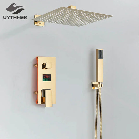 DecorBites™ Gold Digital Display Shower Set with Rainfall Head - Waterfall Bath Shower System