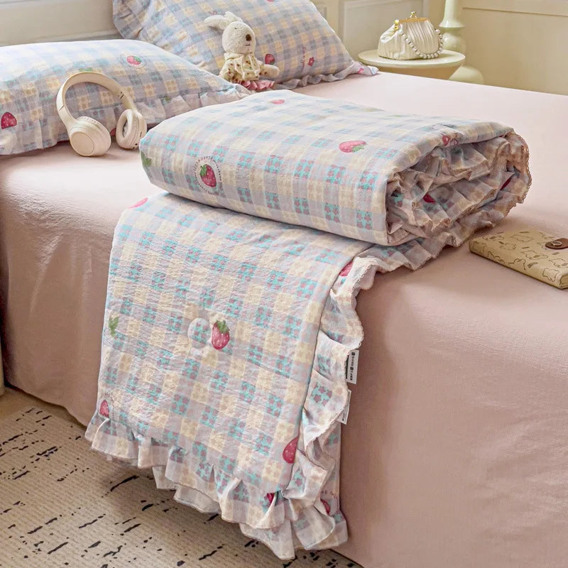 DecorBites™ Korean Cotton Patchwork Quilt with Lace and Ruffle for Summer