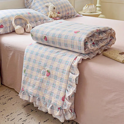DecorBites™ Korean Cotton Patchwork Quilt with Lace and Ruffle for Summer