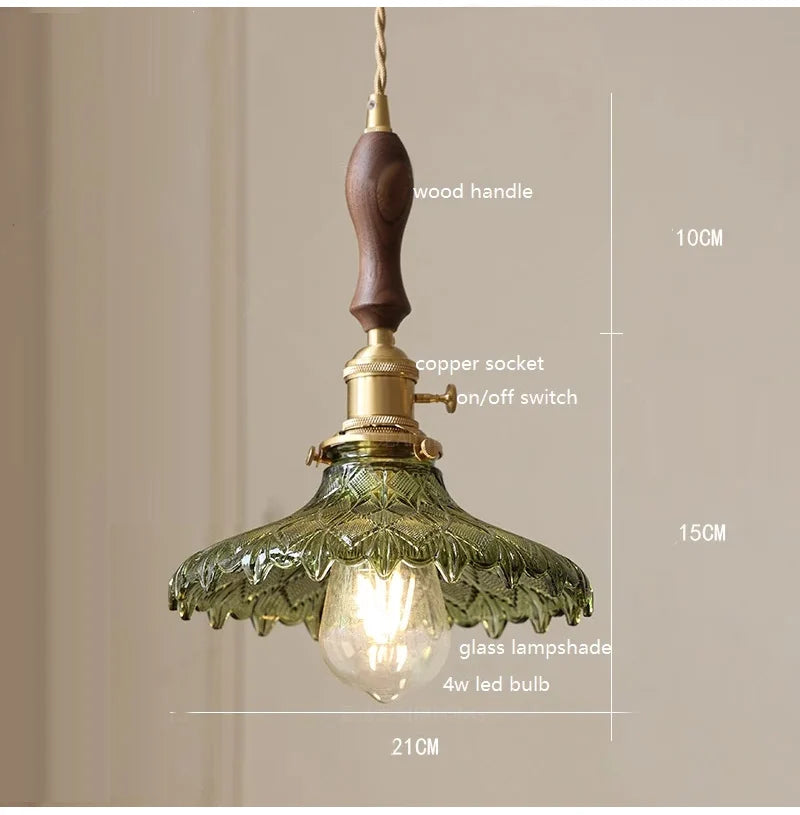 Korean Retro Glass Pendant Light With Wood Accent