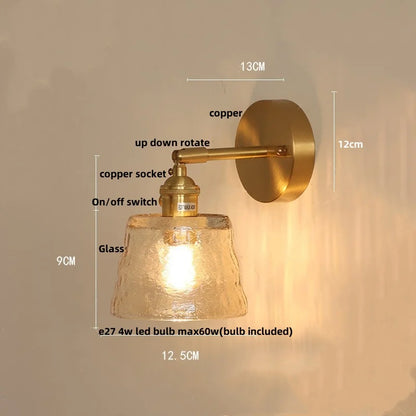 DecorBites™ Clear Glass LED Wall Sconce with Pull Chain Switch, Brass E27, Bedroom Reading Light