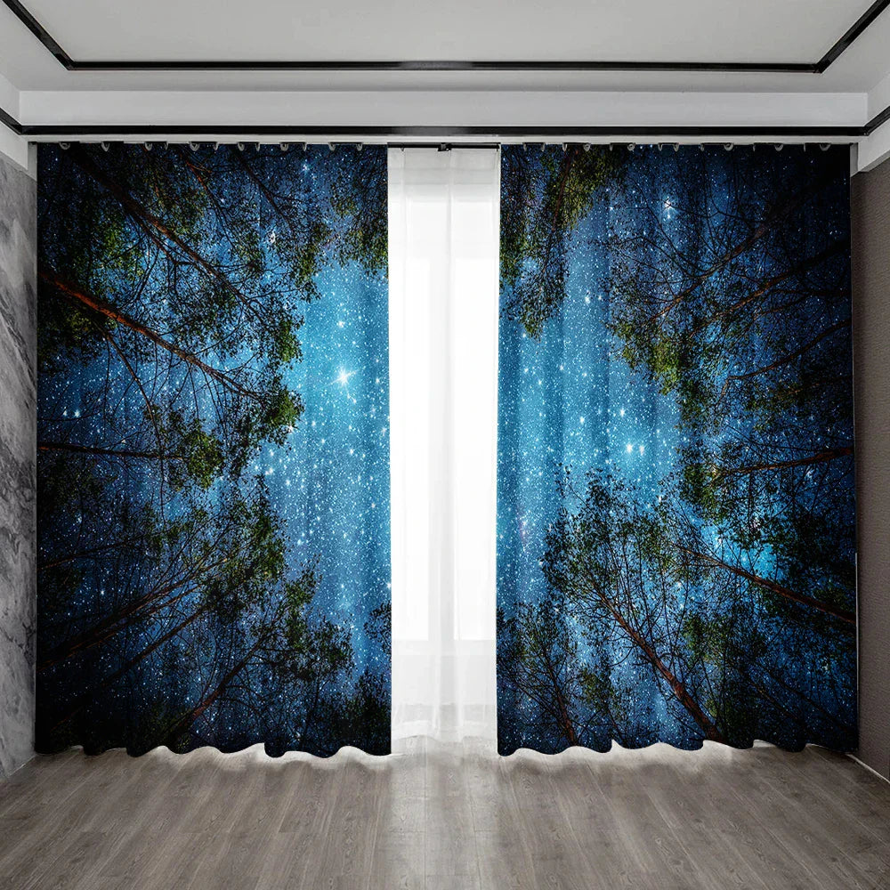 Decobites Dark Blue Forest & City Night View Modern Printed Curtains