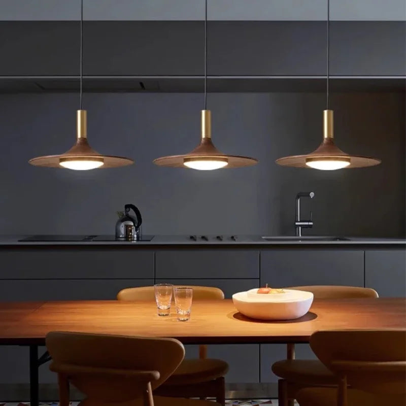 Walnut Three-Head Saucer Pendant Light
