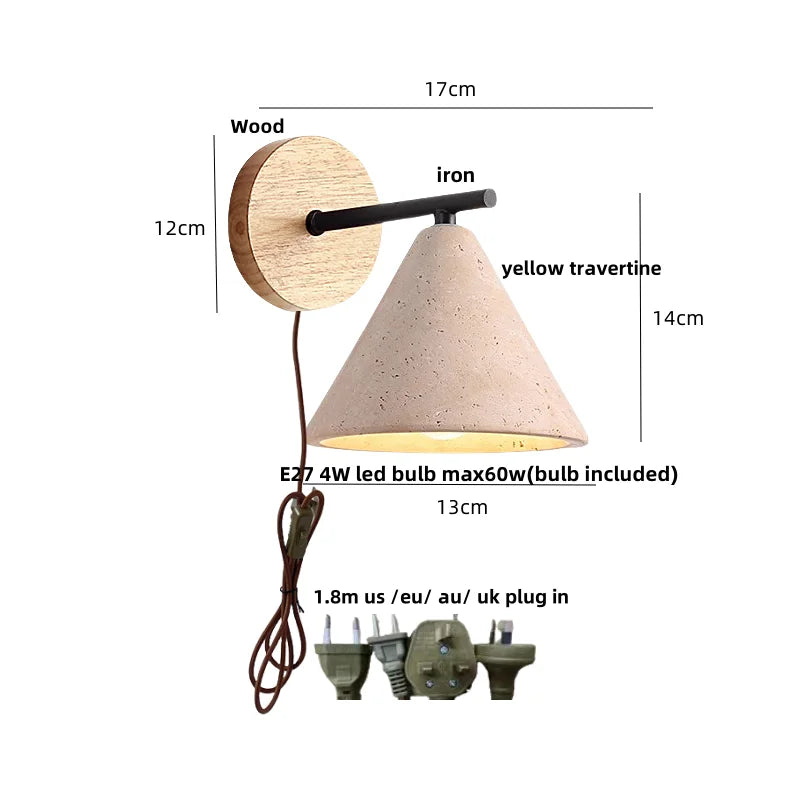 DecorBites™ LED Yellow Travertine Wall Light with Wood Pull Chain Switch and Iron Frame