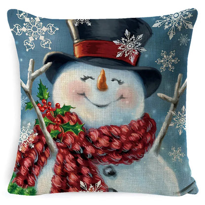 DecorBites™ Christmas Snowman & Santa Claus Linen Pillow Cover for Festive Living Room Decor