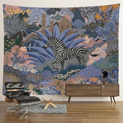 Decobites Psychedelic Tiger Tapestry Wall Hanging - Mysterious Flower Jungle Moon Landscape