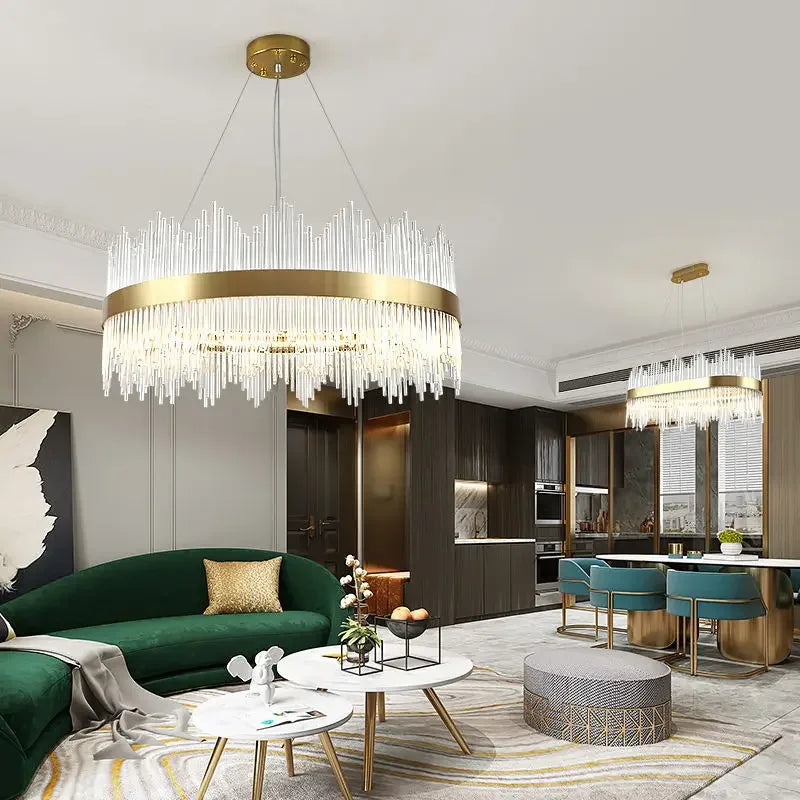 DecorBites™ Gold Crystal Chandelier: Dimmable Luxury Pendant Lamp for Bedroom, Living Room & Hotel