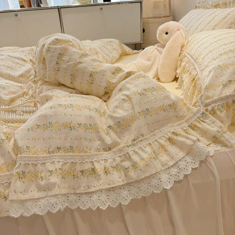 Decobites Princess Style Lace Ruffles Bedding Set - 100% Cotton, 3/4Pcs, Korean Design