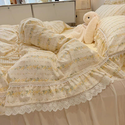 Decobites Princess Style Lace Ruffles Bedding Set - 100% Cotton, 3/4Pcs, Korean Design