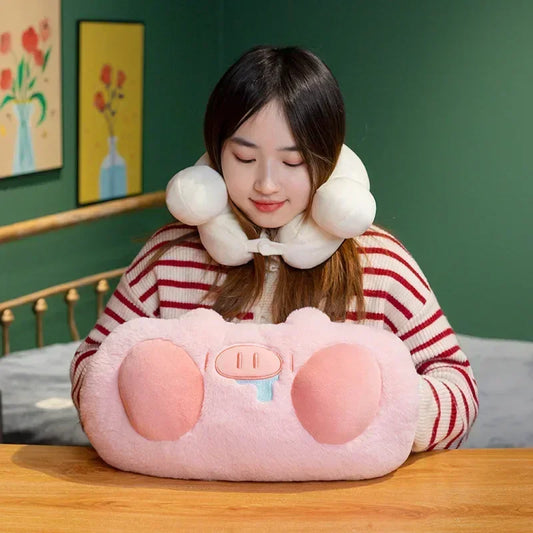 Decobites Pink Pig & Bone U-shaped Travel Pillow | Cozy Gift for Holiday & Birthday