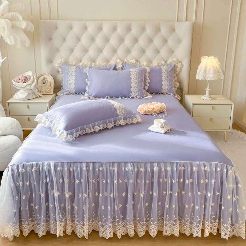 Decobites Cotton Lace Princess Bed Sheet Set with Solid Color Bedspread