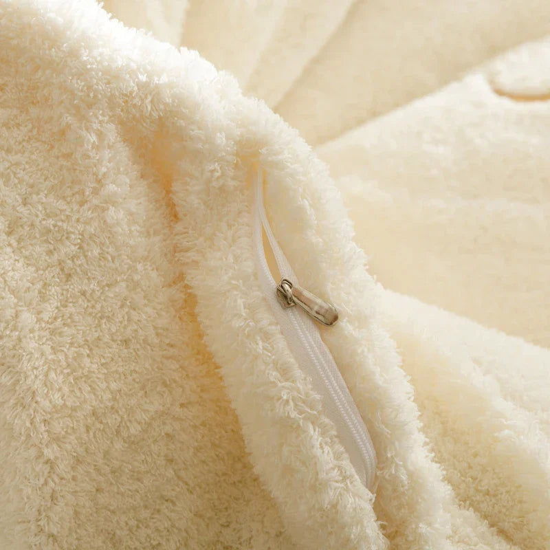 DecorBites™ Berber Fleece Star Bear Embroidery Bedding Set - Cream White, Winter Home Textiles