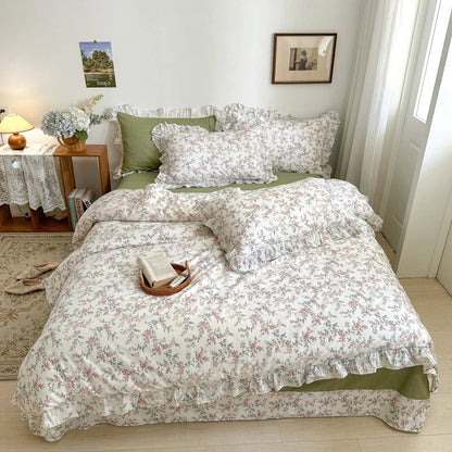 Decobites Floral Lace Ruffle Bedding Set, Fresh Flower Single Duvet Cover, 100% Cotton