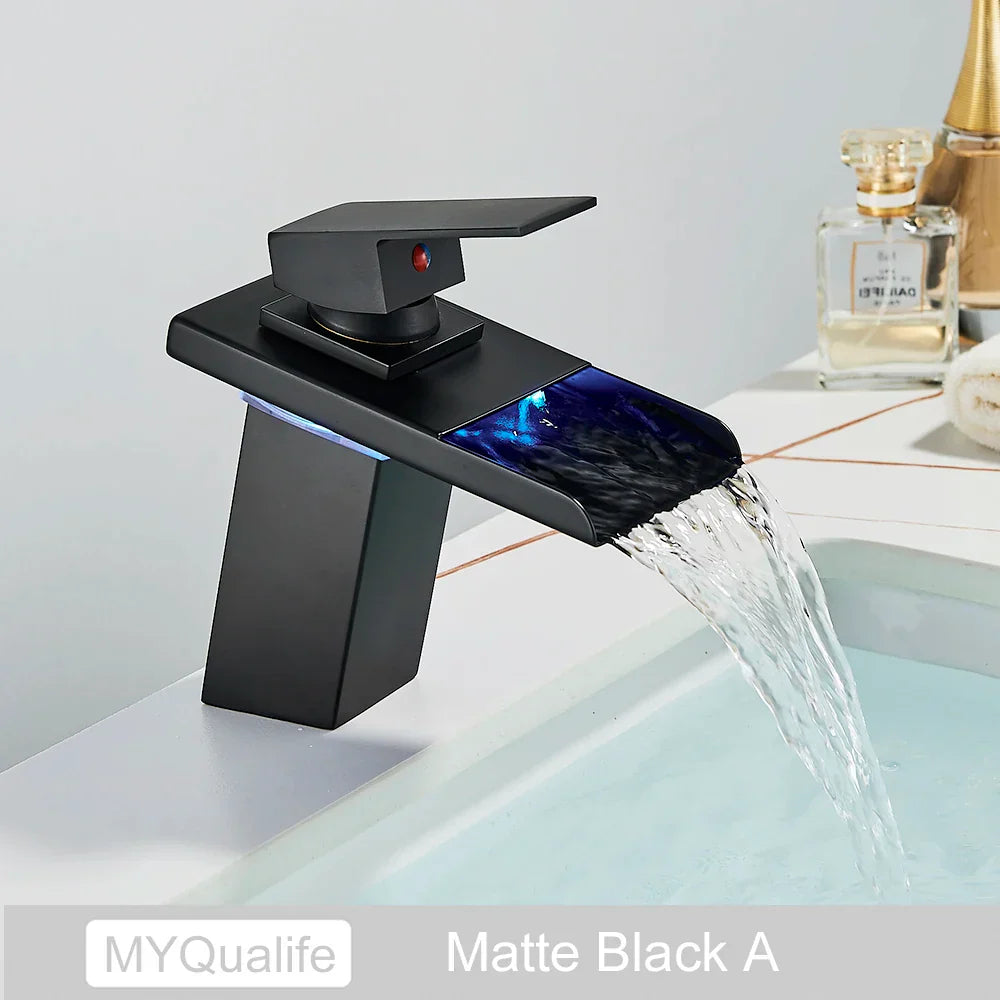 DecorBites™ LED Waterfall Basin Faucet - Color Changing, Single Handle, Deck Mounted.