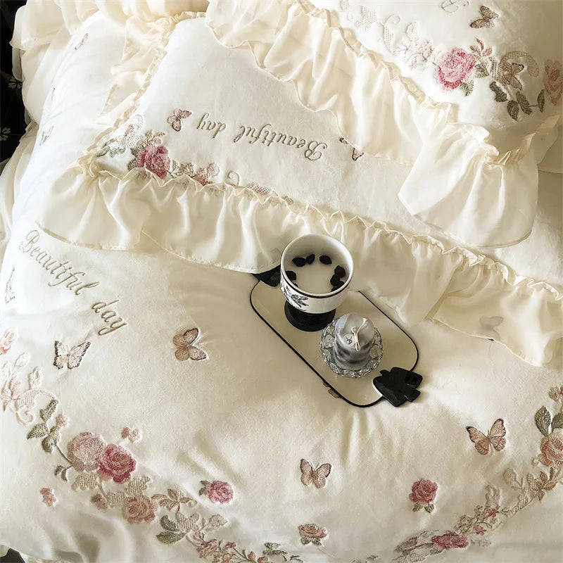 Decobites Rose Butterfly Embroidery Velvet Bedding Set with Lace Details