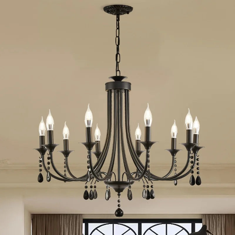 DecorBites™ Black Metal Crystal Chandelier: Artistic LED Lighting for Home Decor