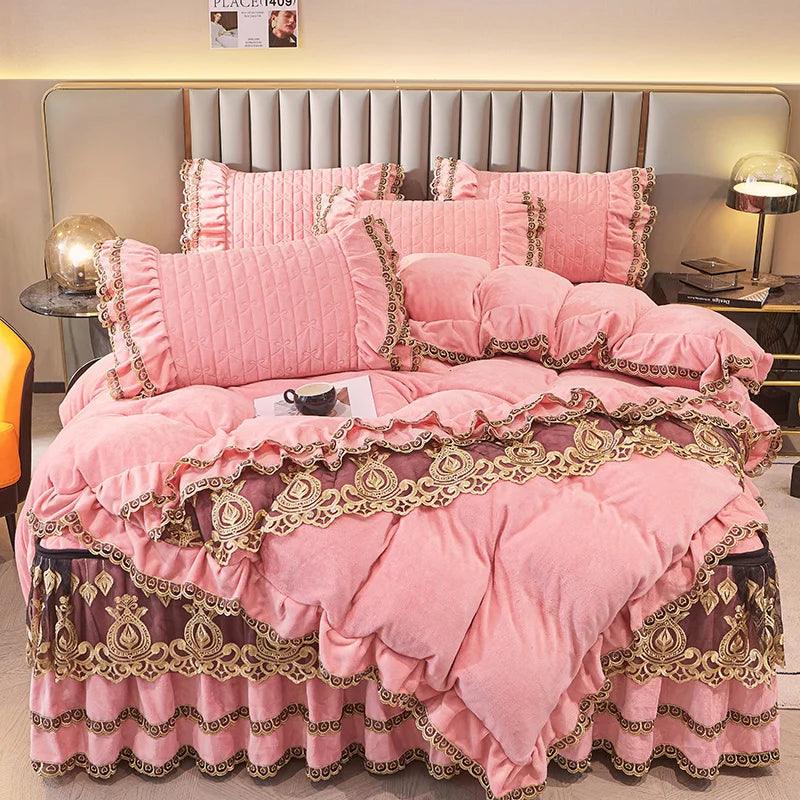 Decobites Velvet Bedding Set with Gold Lace Ruffles, Removable Bed Skirt & Pillowcase