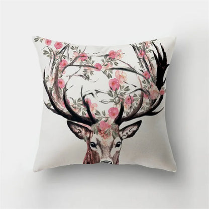 DecorBites™ Deer Animal Short Plush Pillowcase with Natural Leaves and Flowers