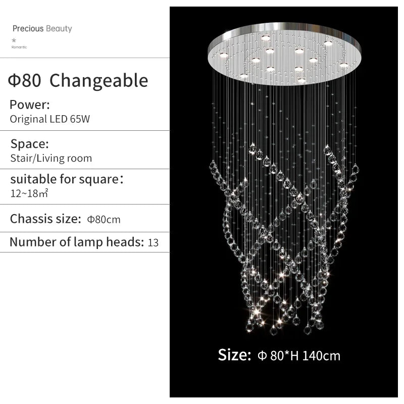 DecorBites™ Crystal Chandelier for High Ceilings Living Room - Modern Luxury Spiral Stair Pendant Lamp