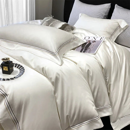 Decobites Luxury Egyptian Cotton Embroidery Bedding Set - Soft & Silky Pearl White