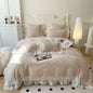 Decobites Matcha Green French Chiffon Lace Queen Bedding Set with Ruffles & Embroidery