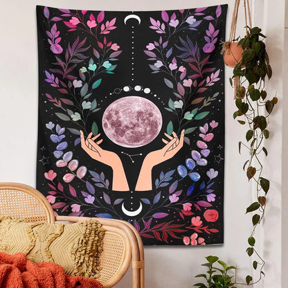 Tapiz Luna Botánica DecorBites™: Arte de pared bohemio psicodélico para altar de cristal mágico y chakras
