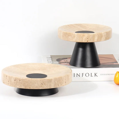 DecorBites™ Beige Travertine Marble Tray on Metal Base - Vintage Round Serving Stand