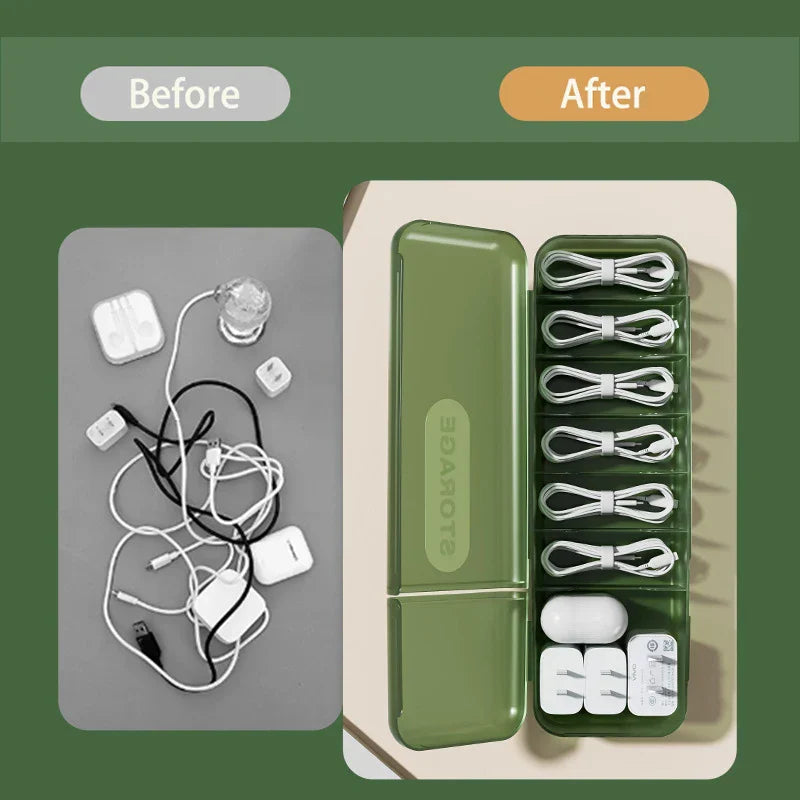 Caja de cables DecorBites™: Organizador de escritorio para cargador, cable y teléfono | Almacenamiento con tapa