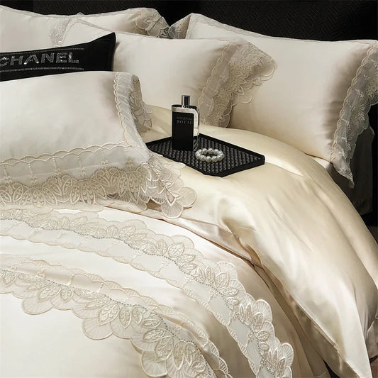 DecorBites™ Lace Patchwork Silk Cotton Luxury Bedding Set Queen King Size