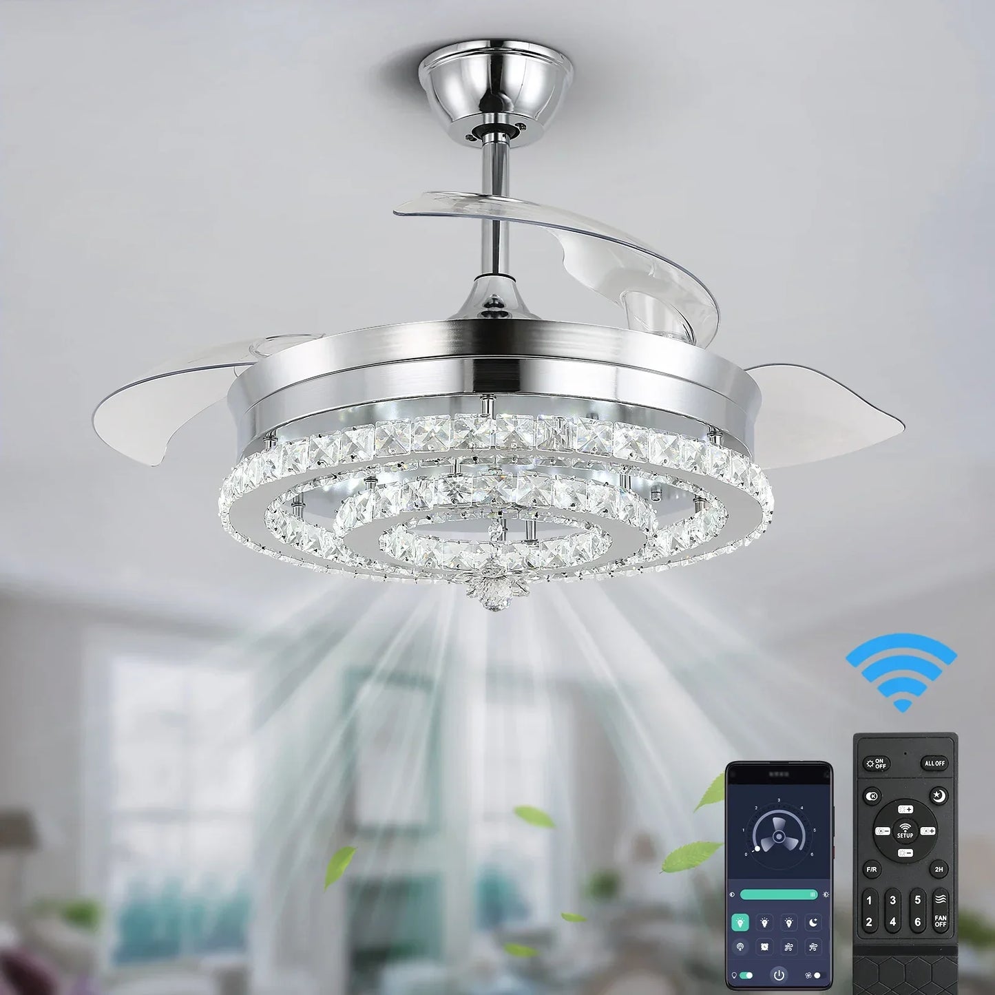 DecorBites™ Crystal Fan Chandelier LED Light Retractable Blades Dimmable Remote Modern Home Decor