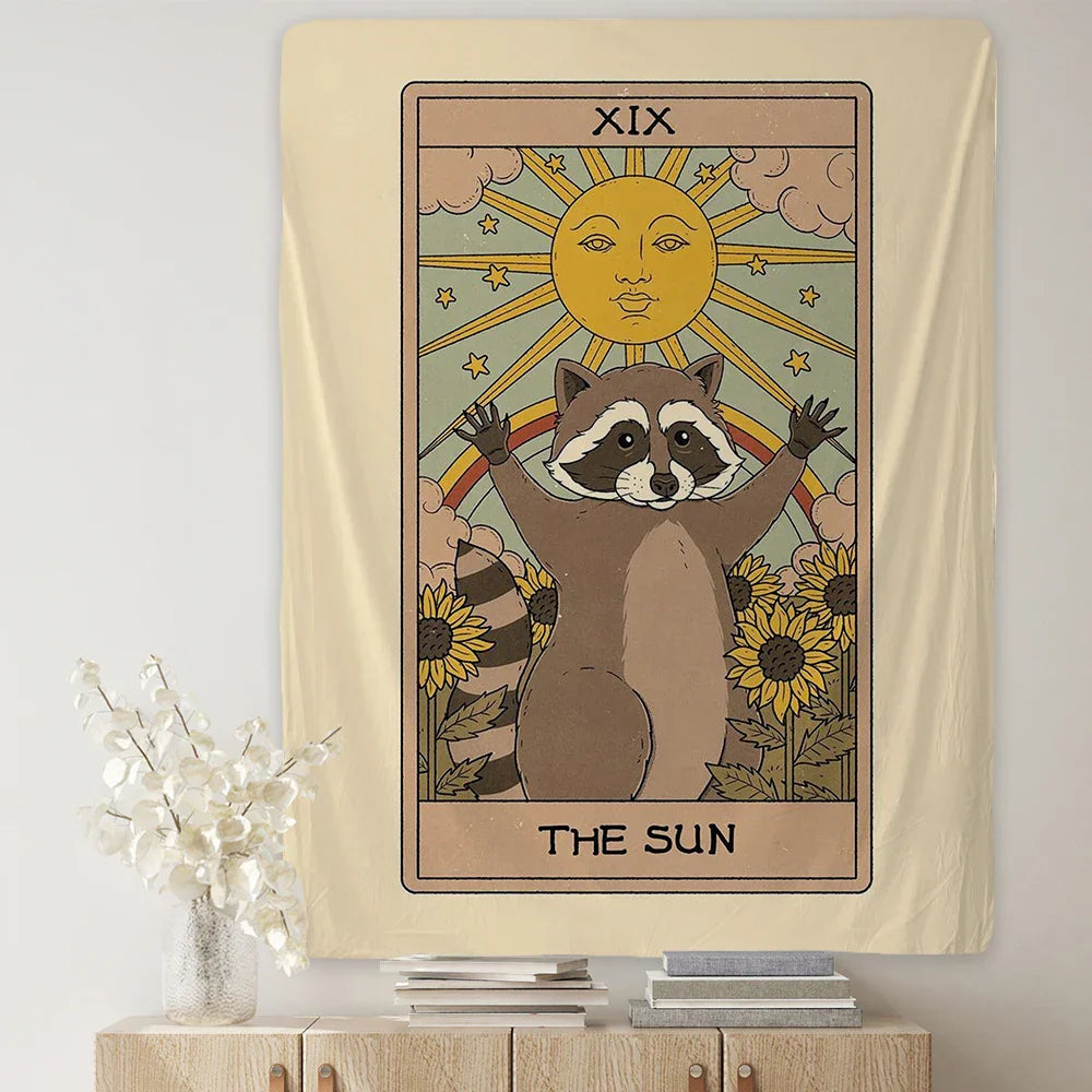 Decobites Cute Raccoon Tarot Card Tapestries: Boho Mystery Art for Hippie Home Decor