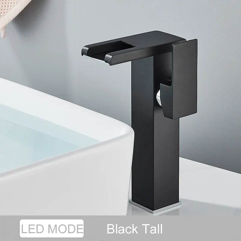DecorBites™ Black LED Waterfall Bathroom Faucet, Deck Mounted, Three Color Change