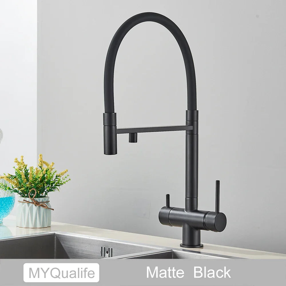 Grifo de cocina filtrado negro Decorbites™ de latón con doble manija para agua pura mezcladora