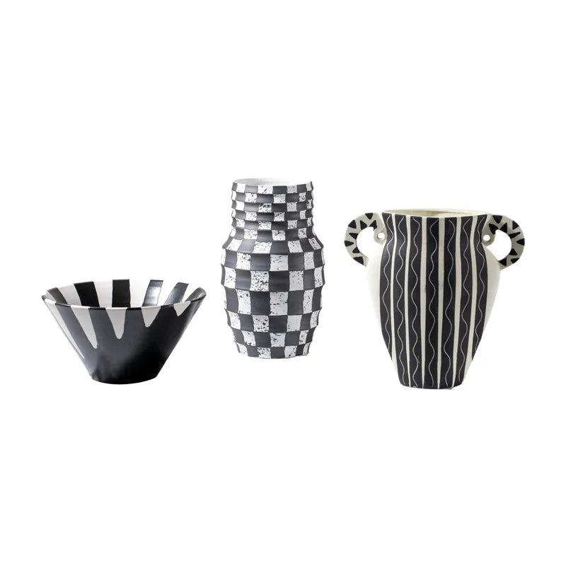 DecorBites™ Black Check Geometric Striped Ceramic Vase - Handcrafted Floral Arrangement Pot