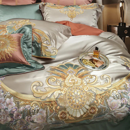 Decobites Vintage Flowers & Gold Embroidery Bedding Set - 4/6/9Pcs Egyptian Cotton Duvet Cover, Sheet & Pillowcases