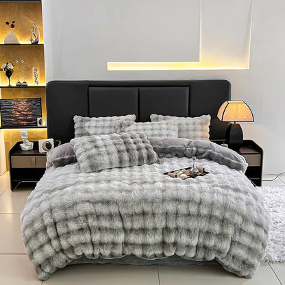 Decobites Gradient Gray Faux Rabbit Fur Velvet Bedding Set: Duvet Cover, Bedsheet, Pillowcase