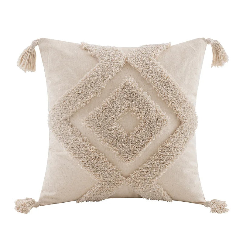 DecorBites™ Boho Beige White Tufted Tassel Pillow Cover Set