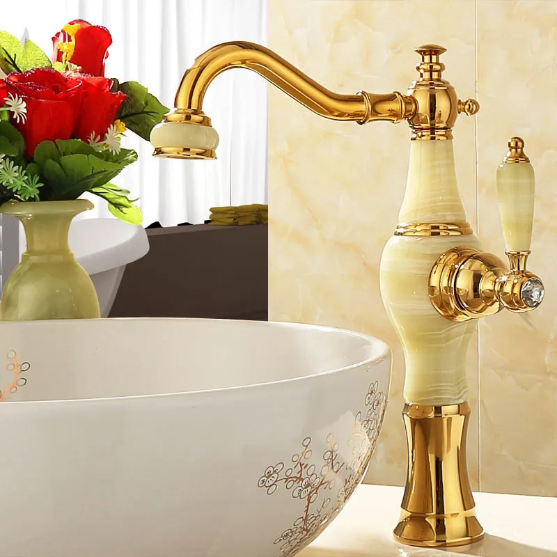 Decorbites™ Grifo de Lavabo de Baño en Oro, Jade y Latón | Montado en Cubierta Mezclador de Agua Caliente y Fría