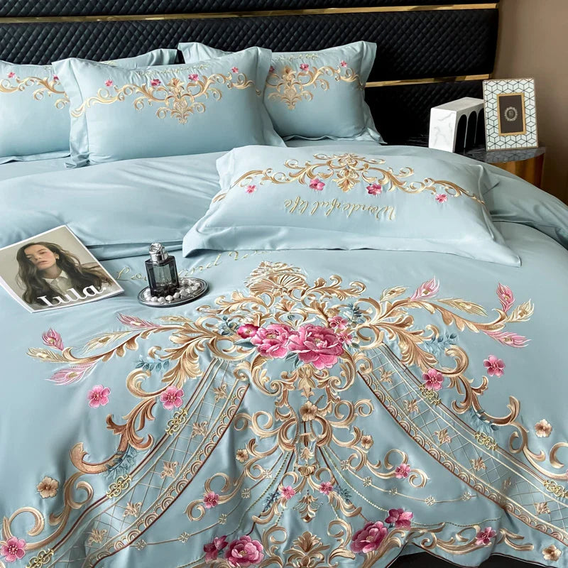 Decobites Exquisite Flowers Embroidery Bedding Set: Queen King Duvet Cover, Sheet, Pillowcases