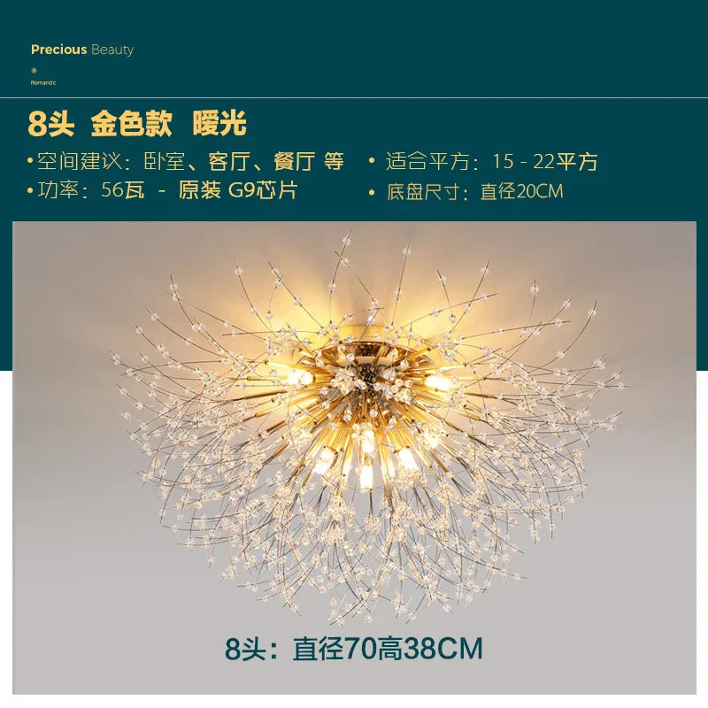 DecorBites™ Golden Dandelion Crystal Chandelier: Warm Nordic LED Ceiling Lamp for Romantic Living Room.